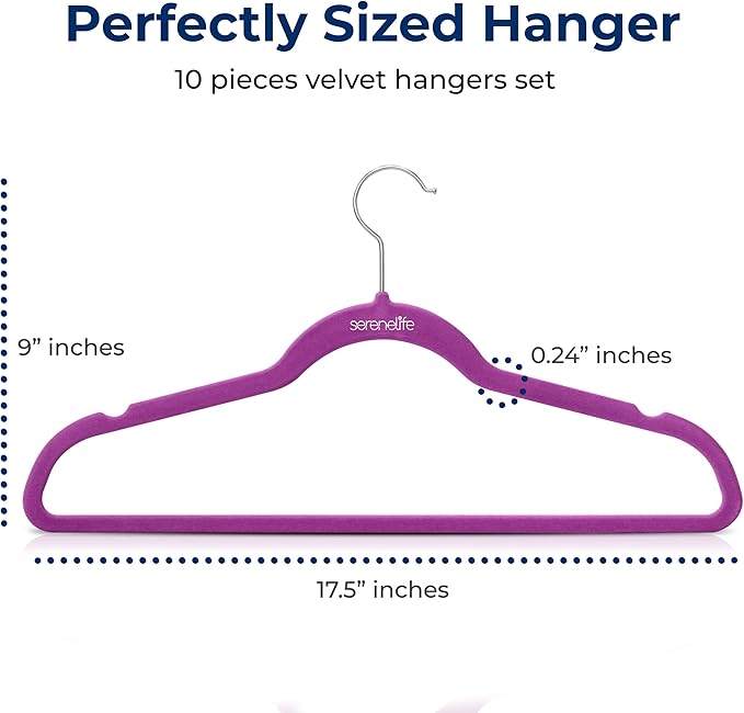 SereneLife 10 Pack Velvet Hangers – Non-Slip Clothes Hangers with Heavy Duty Design, Slim Space-Saving Coat Hangers with 360° Swivel Hook, Strong Lightweight Closet Organizer Set for Clothes (Purple)