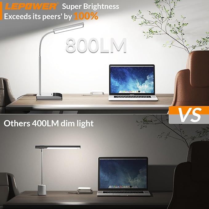 LEPOWER Desk Lamp, 800LM LED for Home Office, 12W Reading for Desk, Eye-Caring Light, Touch Table Gooseneck Lamp, 50 Lighting Modes, Bright for Bedroom, Study (Grey)