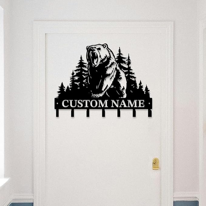 Personalized Custom Name Bear Key Wall Hooks,Metal Bear Keys Clothes Hooks,Metal Bear Wall Home Storage Decorative,For Front Door, Hallway, Kitchen, Bedroom,Keys,Hats (Style M)