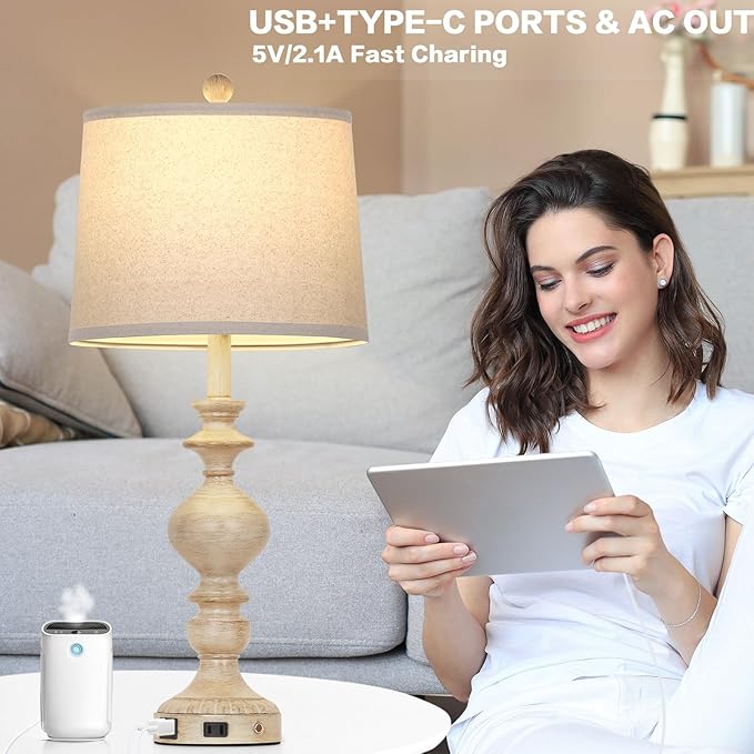 28" Farmhouse Table Lamps Set of 2, Rustic Lamp for Living Room with USB C+A Ports & AC Outlet, 3 Way Touch Control Resin Bedside Lamps, Retro Bedroom Lamp for Nightstand Side End Table Desk, Beige