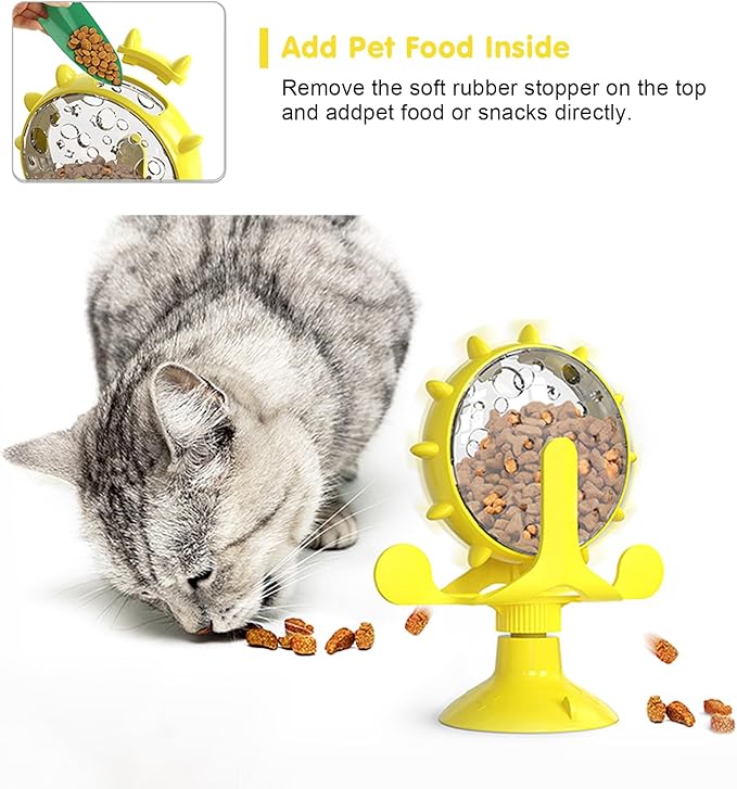 Cat Dog Treat Dispenser Toy - Cat Interactive Feeder Pet Food Toys Feeder 360° Degree Rotating Food Leakage Device Rotate with Strong Suction Cup Money Wheel Shape (Yellow)