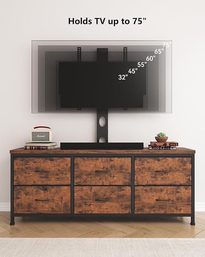 TV Stand with Mount, Fabric Dresser with 6 Drawers for 32/45/55/60/65/75 inch TVs, Dresser Entertainment Center, Modern Media TV Console Table