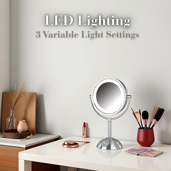 JERDON Lighted Makeup Mirror with Magnification - 1X and 8X Magnification - Nickel Finish - Model HL8808NL
