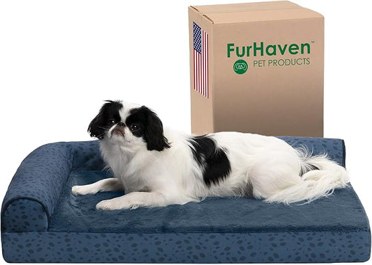 Furhaven Orthopedic Dog Bed for Medium/Small Dogs w/ Removable Bolsters & Washable Cover, For Dogs Up to 35 lbs - Plush & Almond Print L Shaped Chaise - Blue Almonds, Medium