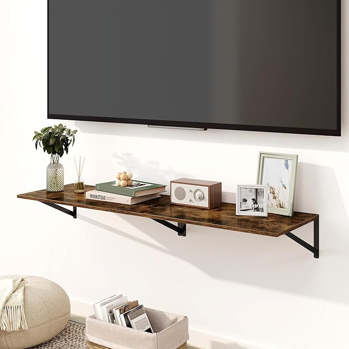 Fun Memories Floating Shelves for Wall, 12 Inch Deep Floating Shelves Set of 2, 24W x 12D Large Wall Shelf with Sturdy Metal Brackets for Living Room, Bathroom, Bedroom and Kitchen, Rustic Brown