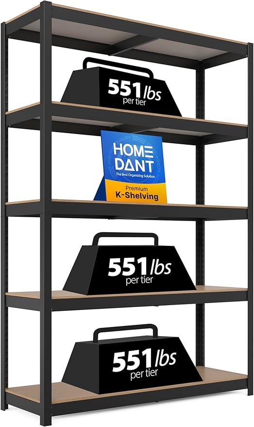 HOMEDANT House 48.1" W 5 Tier Heavy Duty Garage Shelving Adjustable Metal Rack Storage Shelves Standing Shelf Unit Organizers Industrial Warehouse Basement Black 1Pack