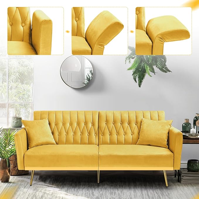 70” Velvet Futon Sofa Bed w/Adjustable Armrests & 2 Pillows, Convertible Futon Couch w/Adjustable Backrests, Modern Sleeper Bed for Living Room, Bedroom, Yellow