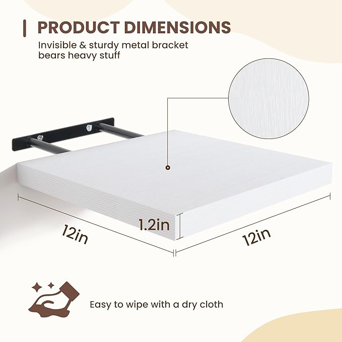 Fun Memories Floating Shelves for Wall - 12 Inch Square Shelves with Invisible Brackets, White Small Wall Shelf for Living Room, Bathroom, Bedroom, and Kitchen Decor，Set of 4