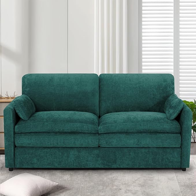 69" Chenille 2 Seats Sofa with 2 Pillows, Modern Upholstered Sofa with Deeper Seats, Comfy Sofa with Thickened Cushions for Living Room, Apartment,Teal