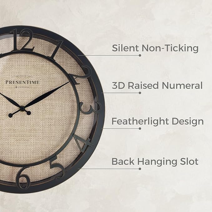 Presentime & Co 13" Farmhouse Series Wall Clock, Cottage Style, Faux Burlap Design, Silent No Ticking, Oil Rubbed Antique Bronze Finish