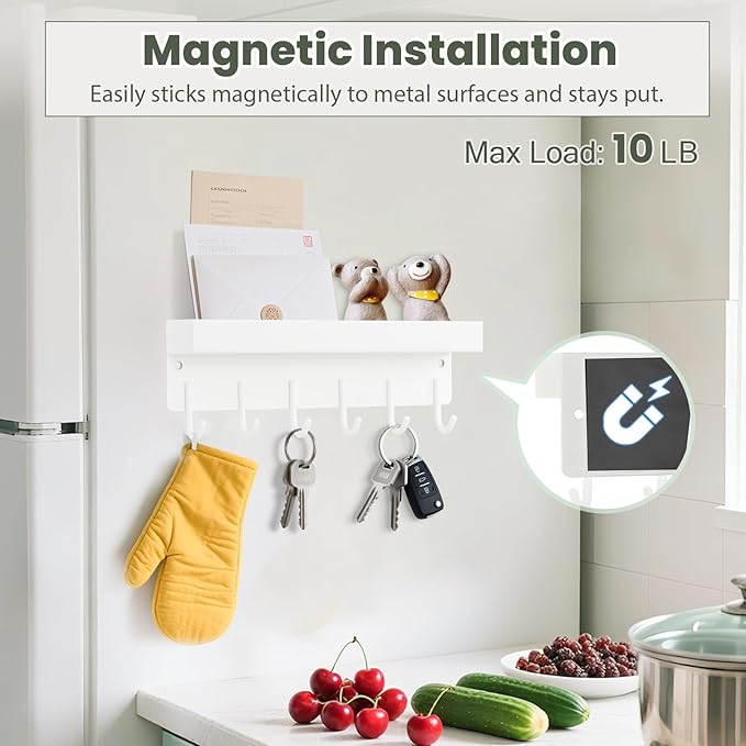 Magnetic Key Holder Wall Mount, Small Metal Key Rack with Tray, 9.6 Inch, 6 Hooks, 2 Installation Options, White