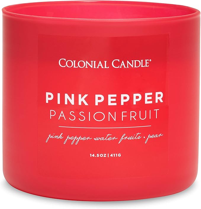 Colonial Candle Pink Pepper Passionfruit Scented Jar Candle, Pop of Color Collection, 3 Wick, Red, 14.5 oz - Up to 60 Hours Burn