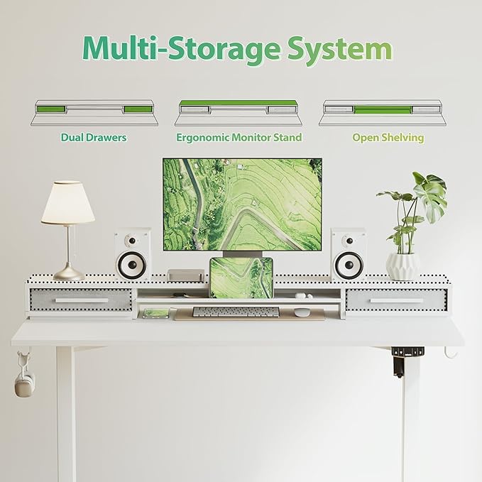 Agilestic 48 Inch Electric Standing Desk with Drawers, Adjustable Desk with Storage Shelf, Stand Up Home Office Computer Table, Splice Board, White