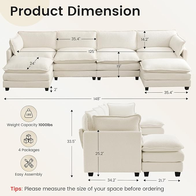 ROWHY Oversized Modular Sectional Couch with 2 Movable Ottoman, 148" Modern Convertible U Shaped Sofa Set, 4 Seat Comfy Cloud Couch with 2 Throw Pillows, for Living Room and Office, Chenille, Beige