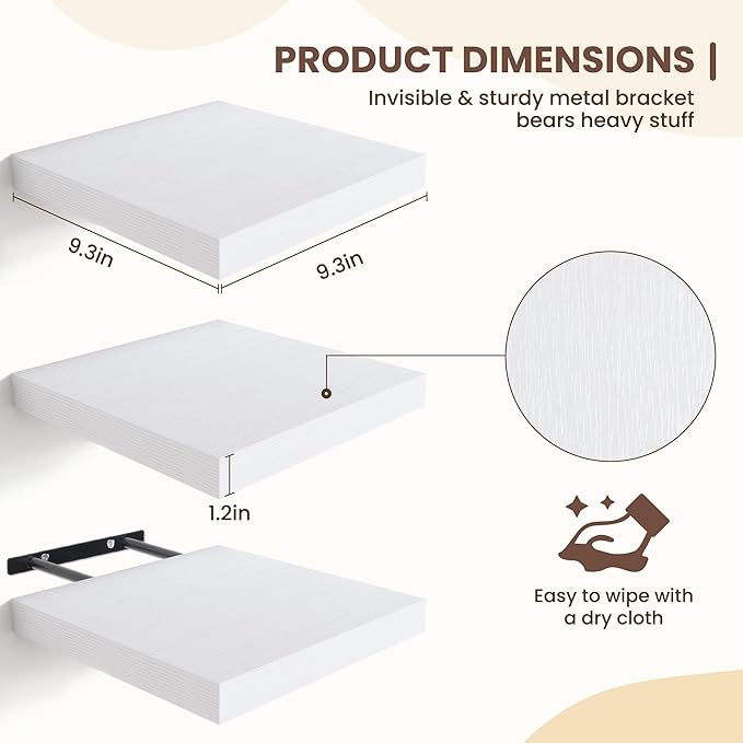 Fun Memories Floating Shelves for Wall - 9.3 Inch Square Shelves with Invisible Brackets, Small Wall Shelf for Living Room, Bathroom, Bedroom, and Kitchen Decor，Set of 3