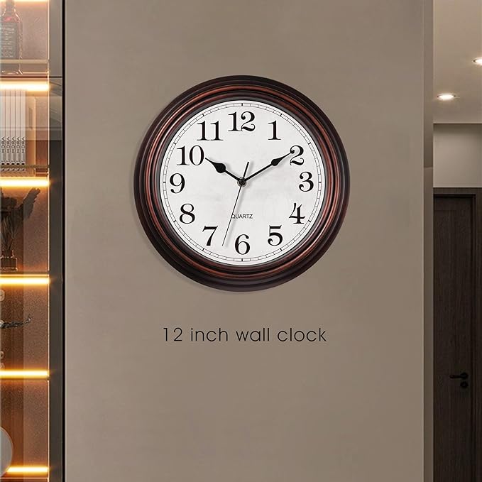 HYLANDA Wall Clock, 12 Inch Vintage Retro Silent Quality Wall Clocks Battery Operated Non-Ticking, Round Decorative Kitchen Home Office Bedroom Living Room(Bronze)