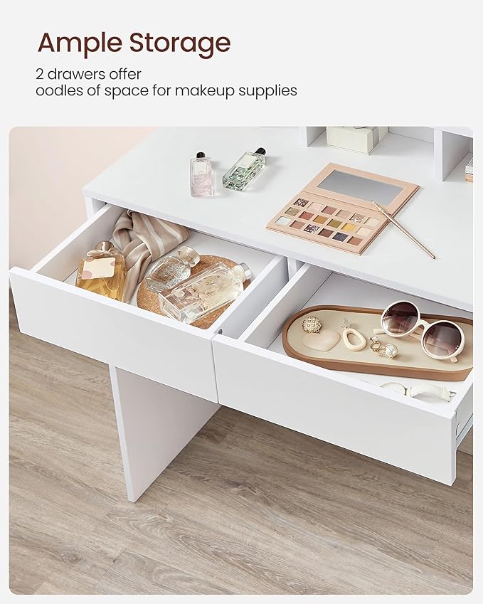 VASAGLE Vanity Desk with Mirror and Lights, Makeup Vanity with Large Mirror, LED Lights with Adjustable Brightness, Vanity Table, 2 Drawers, 3 Compartments, Modern Makeup Desk, Cloud White URDT120T14