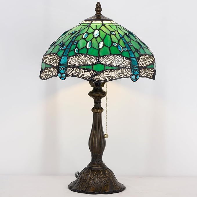 Tiffany Table Lamp Stained Glass Lamp 12X12X19 Inch Antique Reading Light (Green Dragonfly)