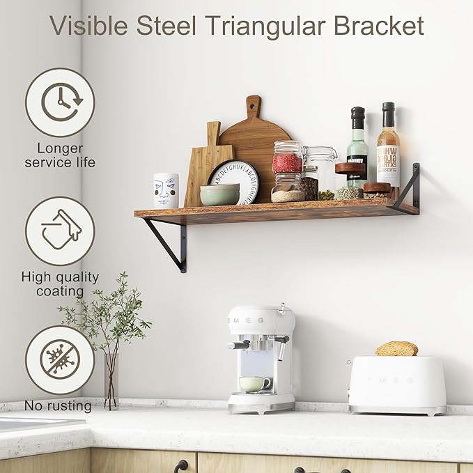 12 Inch Deep Floating Shelves, 30W x 12D Wall Shelves with Brackets, Floating Shelves 30 Inch Long, Rustic Wood Wall Shelf, Wide Storage Display Shelf for Kitchek, Living Room, Bathroom, Rustic Brown