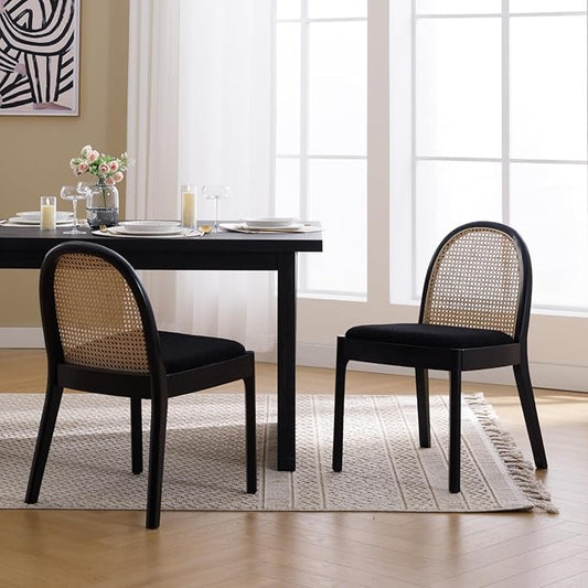 Mid Century Dining Chairs Set of 2, Accent Rattan Sherpa Fabric Side Chairs Kitchen Chair with Solid Wooden Legs for Living Room Dining Room, Black