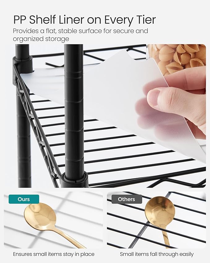 SONGMICS 3-Tier Bathroom Shelf, Storage Rack for Small Space, with 3 PP Shelf Liners, Removable Hook, Extendable Design, Ink Black and Translucent ULGR103B01