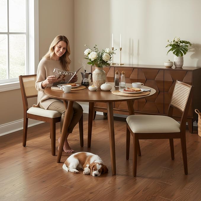 HULALA HOME Rattan Dining Chairs Set of 4, French Solid Wood Kitchen Dining Room Chairs with Curved Back, Upholstered Accent Dinner Cane Chair for Living Room Restaurant, Walnut