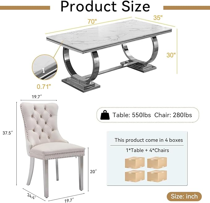 Goujxcy 5 Piece Marble Dining Table Set for 4, Luxury 70" White Marble Silver Kitchen Table with 4 Beige Velvet Upholstered Chairs, Modern 4 Person Dining Room Table Set for Kicken Dining Office Room