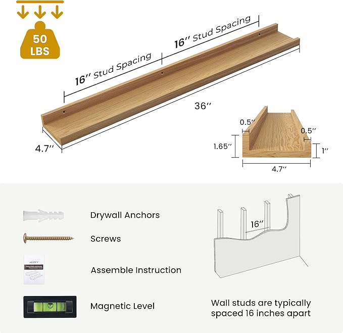 Solid Ash Wood Picture Ledge Shelf, 36 Inch Floating Shelves with Lip Set of 2, Photo Ledge Shelf Nursery Bookshelf Wall Mounted for Living Room Bedroom Decor, Natural