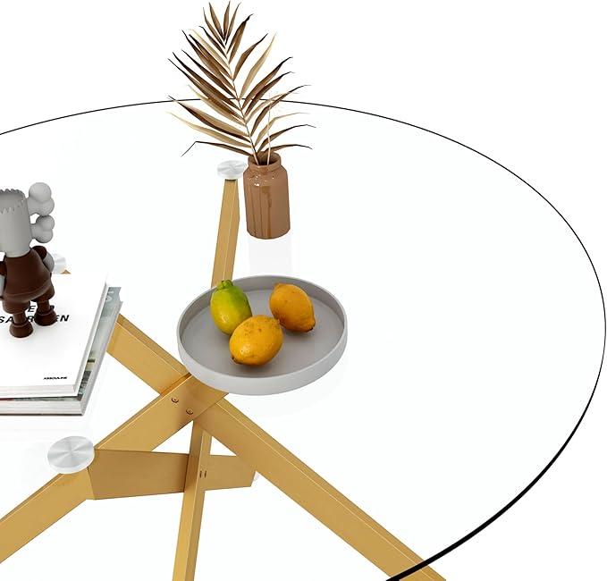 Goujxcy 5 Piece Round Glass Dining Table Set for 4, 47" Round Dining Table & Chair Set Modern Circle Glass Kitchen Table and 4 Velvet Upholstered Chairs for Kitchen Dining (Gold & Burgundy)