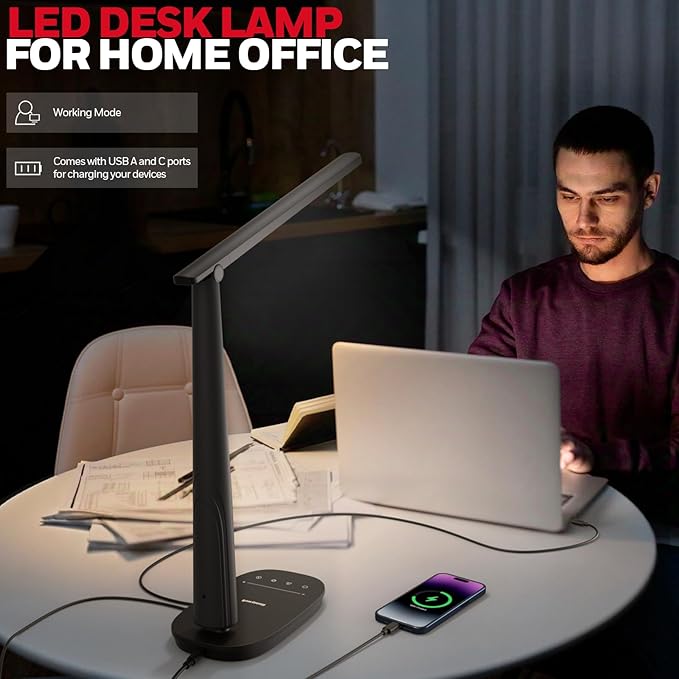 Honeywell LED Desk Lamp for Home Office, Eye-Caring Light with 4 Color Modes & Touch Control, USB A+C Charging Ports, Adjustable Rotating Head with Timer for Reading, Bedroom & Small Desks