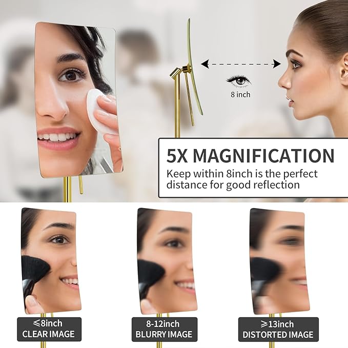 DOWRY 5X Tabletop Magnifying Makeup Mirror Adjustable Rectangular Vanity Mirror for Bedroom 304 Stainless Steel Gifts for Women Wife Mom Teengirls Gold Brushed