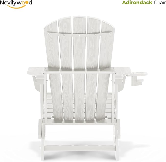 nevilywood Folding Adirondack Chair, Ergonomic Extended Backrest, HDPE All-Weather, 380lbs Capacity, Maintenance-Free, Cup Holder, （White）- Outdoor Patio & Firepit Chair