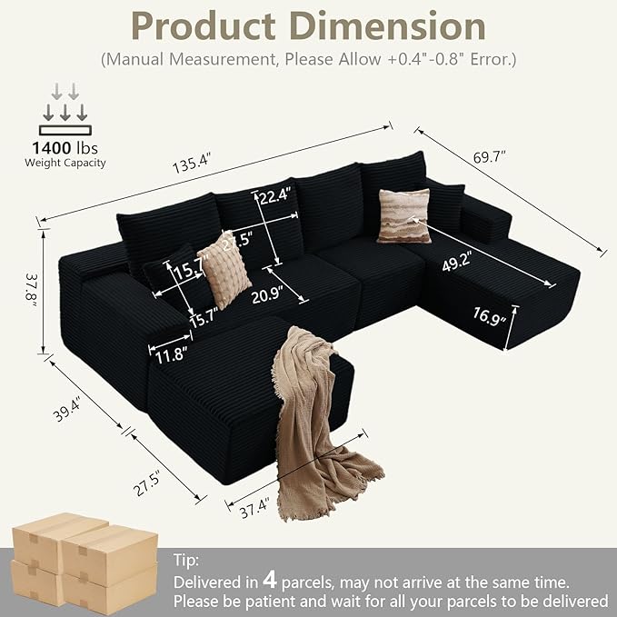 135" U-Shape Cloud Couch, Modern Modular Sectional Comfy L-Shape Sofa with Ottoman, Deep Seat, Upholstered Corduroy Sleeper Chaise Longue for Living Room Bedroom, No Assembly Required, Black