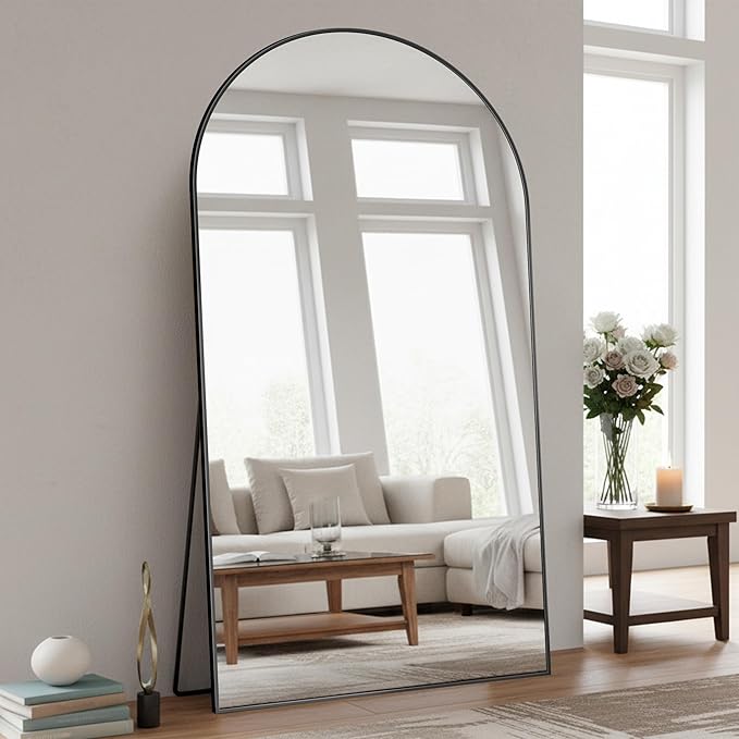 Full Length Mirror, 86"x46" Arched Floor Mirror Freestanding, Floor Standing Full Body Mirror with Stand for Bedroom, Hanging Mounted for Living Room Cloakroom, Black