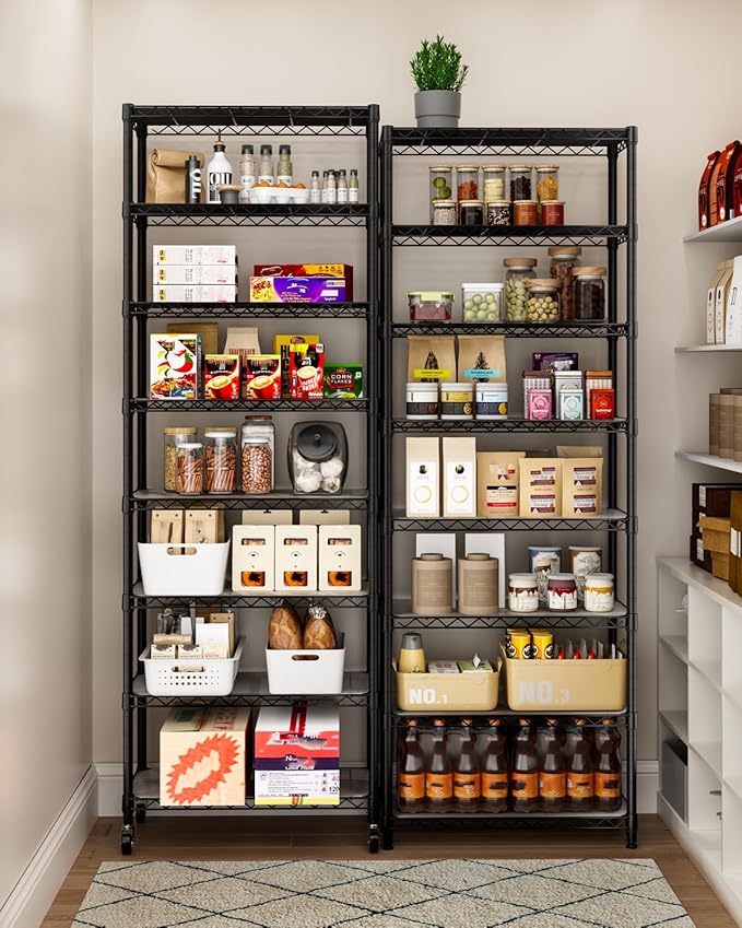 8 Tier Shelves Storage Shelf Wire Closet Bathroom Organizers Metal Pantry Kitchen Garage Shelving Unit Laundry Room Organization Home Rack Net Basket Black with Wheels 12”D X 22”W X 74.2”H