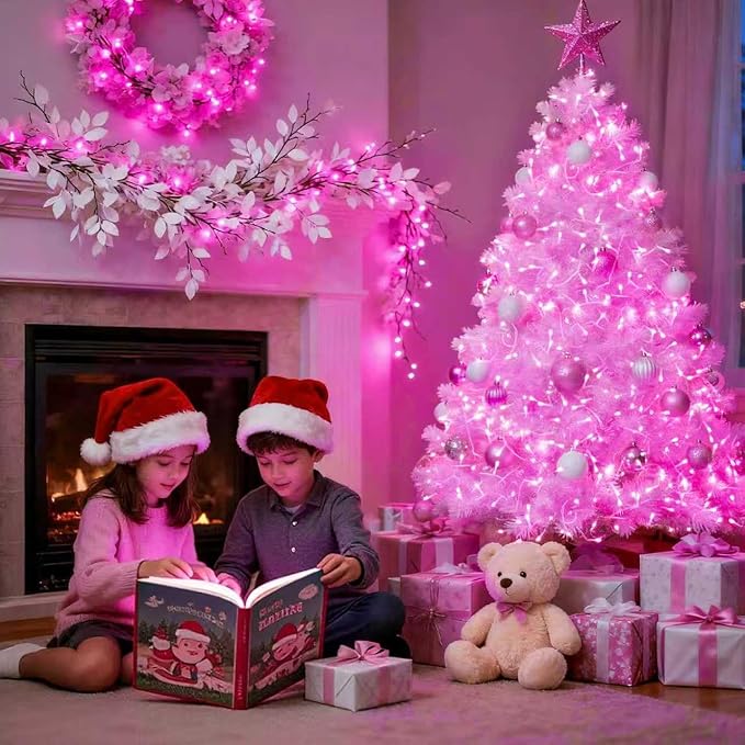 JMEXSUSS 200 LED Pink Christmas Lights for Decor, 66ft Pink String Lights Indoor Outdoor Clear Wire, Rose Color LED Fairy Light Plug in for Girls Room Wall Christmas Tree Party Decorations