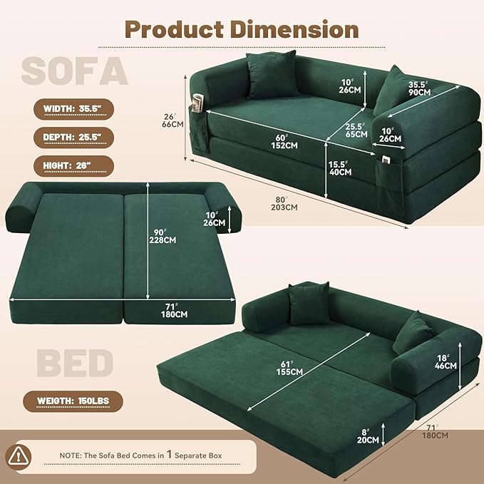 Convertible Futon Sofa Bed,80" Folding Pull Out Couch with Pillows & Storage Pocket, Oversized Queen Sleeper Sofa in a Box,Corduroy Boneless Couch for Living Room,Deep Green