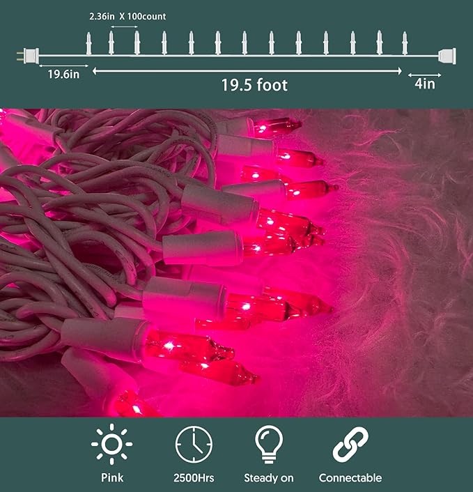 Christmas Lights 100 Count Pink Christmas Tree String Lights with White Wire for Outdoor Indoor Christmas Decorations Wedding Decorations Valentines Day Decor,UL Certified (21feet)