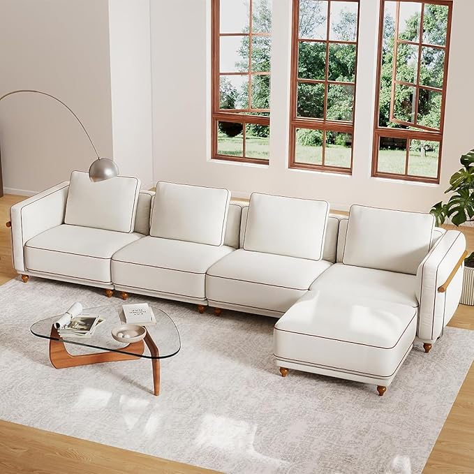 157.48" Modular Luxury Cloud Sectional Sofa with Ottoman, 70% Down-Filled Cushions, Removable Washable Ultra-Soft Linen Cover, Extra-Deep Seating, Solid Wood Armrests for Living Room