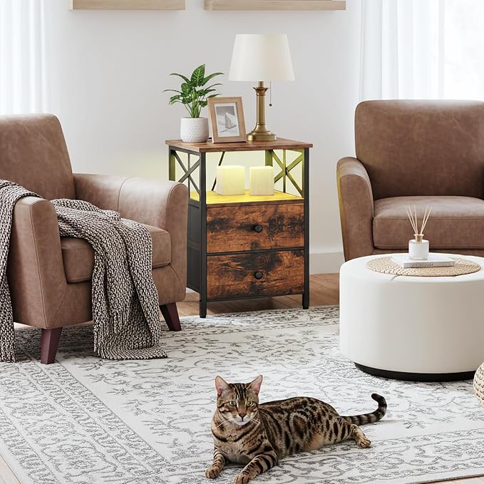 AMHANCIBLE Night Stand Set 2, LED Nightstand with Charging Station, End Tables Living Room with Fabric Drawers, Bedside Table for Bedroom, Rustic Brown, HET052LBR