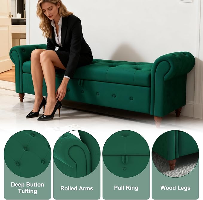 GNIXUU Ottoman with Storage Bench for Bedroom, 63" Velvet Upholstered End of Bed Storage Bench Seat, Rolled Arm Cushioned Ottoman with Wood Legs, Modern Window Chair for Living Room, Entryway, Green