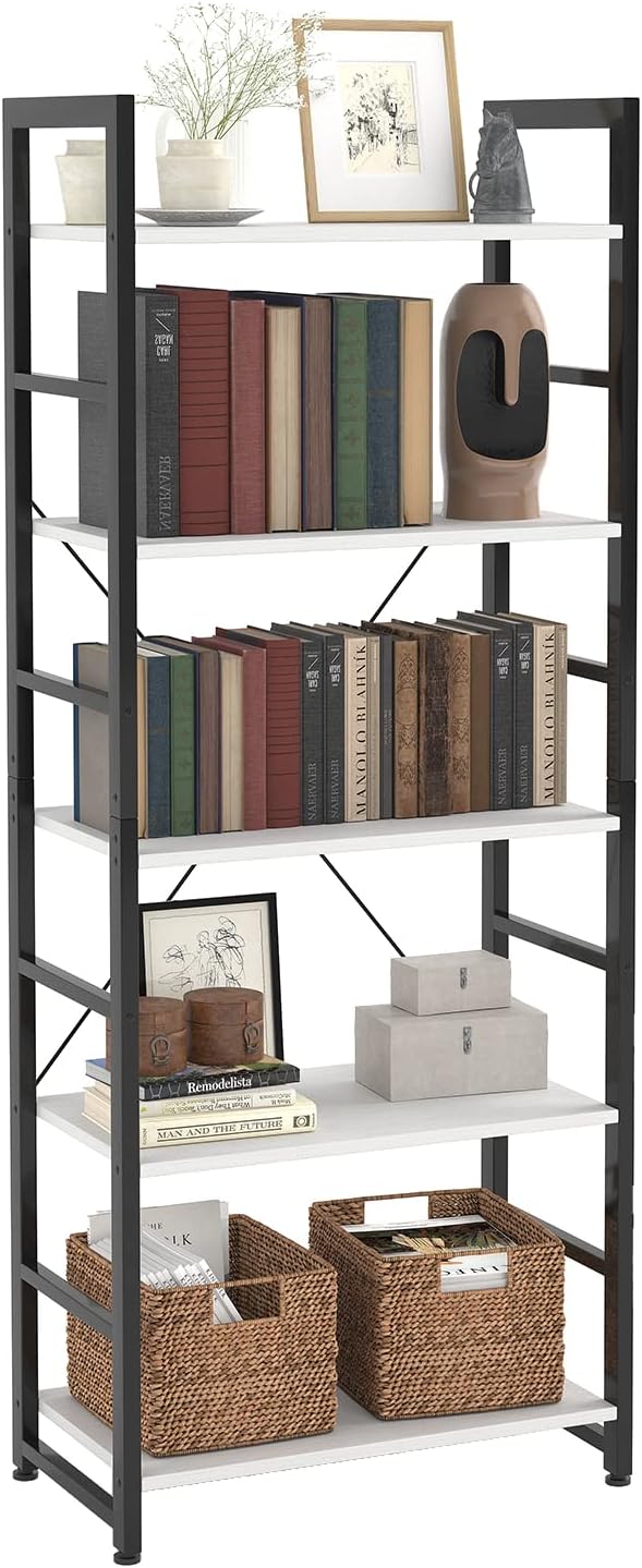 24" Bookshelf, 5-Tier Ladder Shelf, Industrial Bookcase, Wooden and Metal Storage Rack, Shelving Unit for Living Room Entryway Office, White Book Shelves