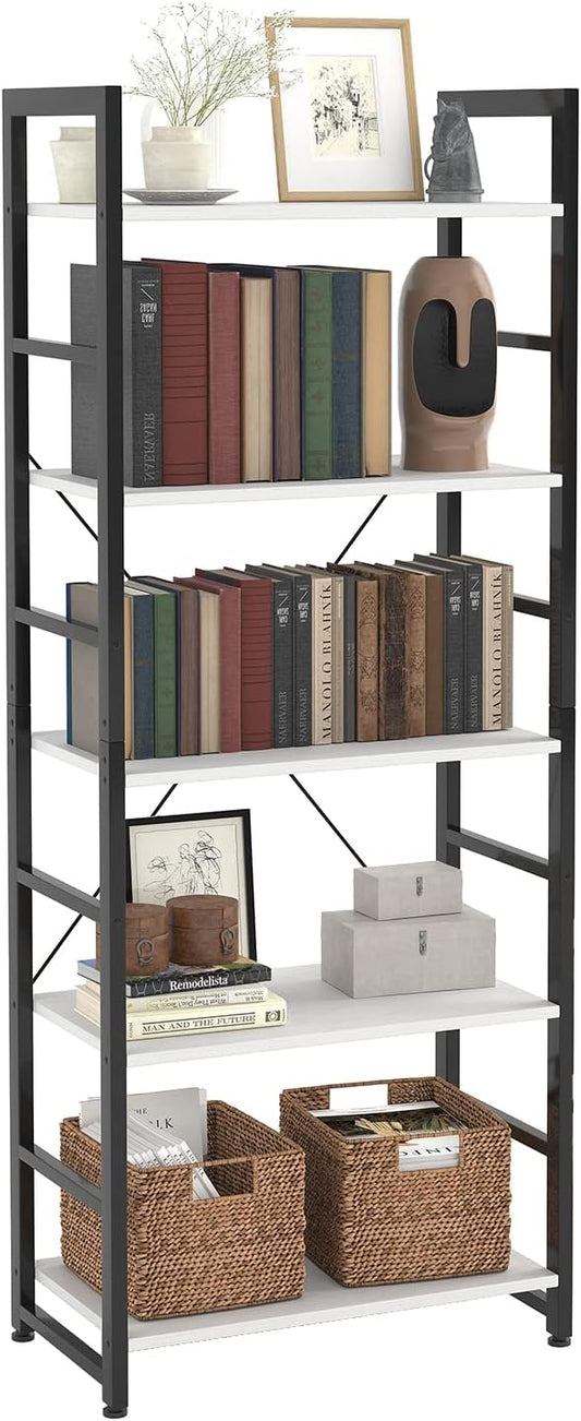 24" Bookshelf, 5-Tier Ladder Shelf, Industrial Bookcase, Wooden and Metal Storage Rack, Shelving Unit for Living Room Entryway Office, White Book Shelves