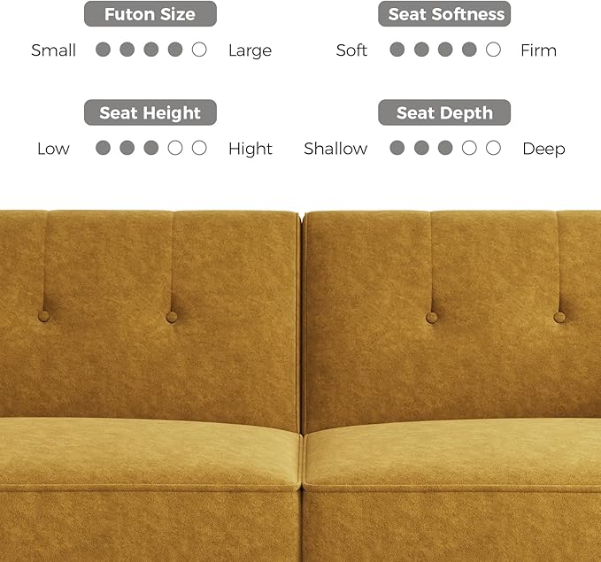89” Futon Sofa Bed, Comfy Futon Couch Bed with 2 Square Pillows,Convertible Sleeper Sofa with Adjustable Backrest& Armrests, Modern Loveseat Sleeper for Living Room,Velvet Fabric Yellow