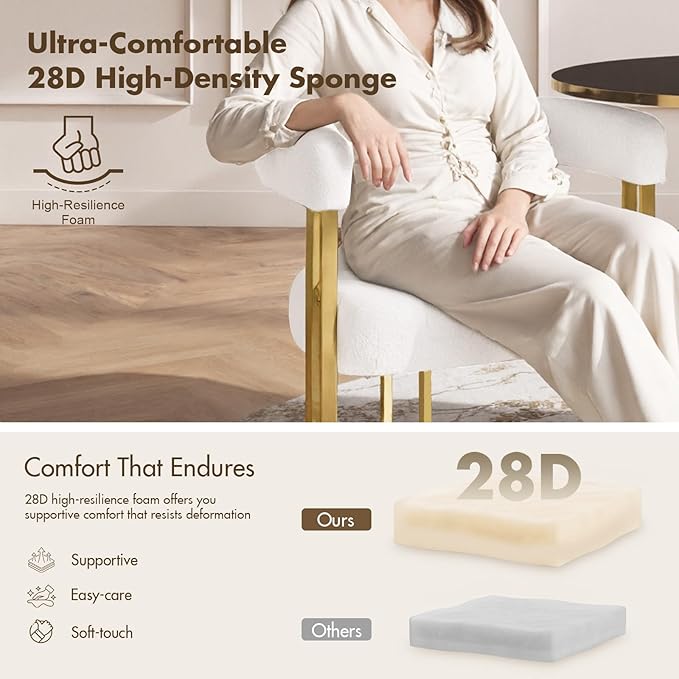 Set of 6 Modern White Boucle Dining Chairs with Gold Metal Legs, Mid Century Accent Upholstered Barrel Armchairs with Open-Back for Kitchen, Dining Room, Living Room, Apartment