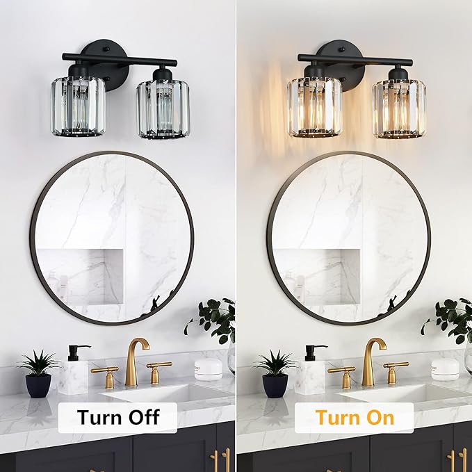 Modern 2 Light Crystal Vanity Light, Black Vertical Bathroom Light Fixture Over Mirror for Dressing Table Sink, Compatible with Dimmable Bulbs (Bulbs Not Included)
