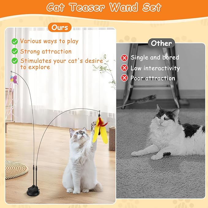 Cat Teaser Wand, Cat Toys Feather with Super Suction Cup, Double Headed Detachable Interactive Cat Toy, 12 PCS Elastic Cat Toys with Feathers, Cat Wand Toys for Indoor Cats