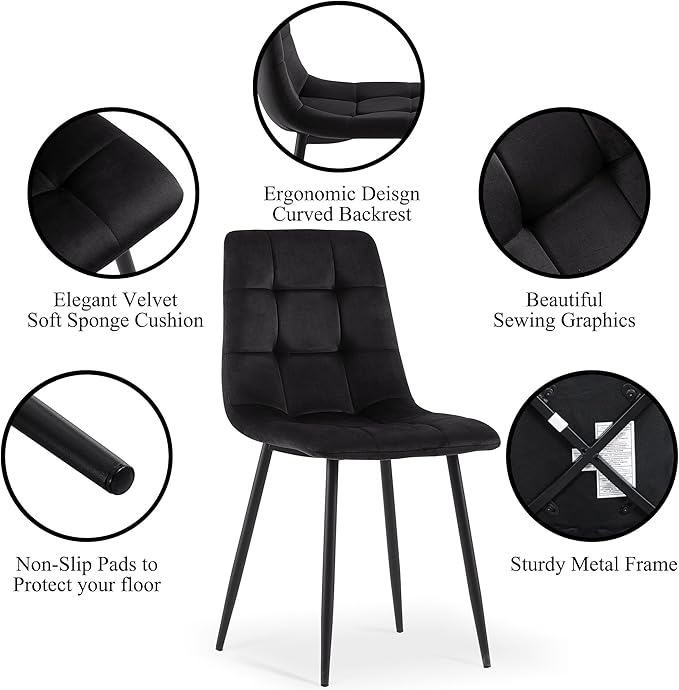 NORDICANA Dining Chairs Set of 6, Modern Black Velvet Kitchen Chairs for 6 Person, Armless Chairs Upholstered Cushion Seat, Metal Legs