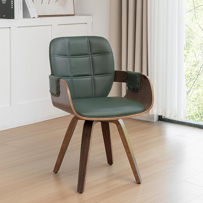 Set of 1 Mid Century Modern Chair - Swivel Dining Chair with Arms and Curved Back, Faux Leather Reception Room Chairs, Ideal for Kitchen/Living Room/Reception/Desk (Walnut Green)