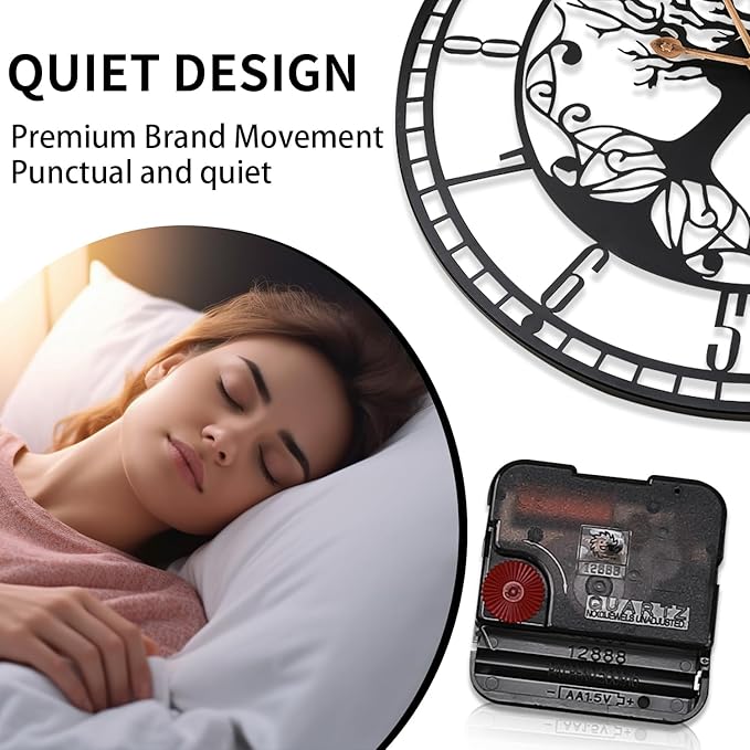 Tree of Life Wall Clock, 24inch Black Metal Wall Clock, Silent Quartz Movement, Modern Home Decor